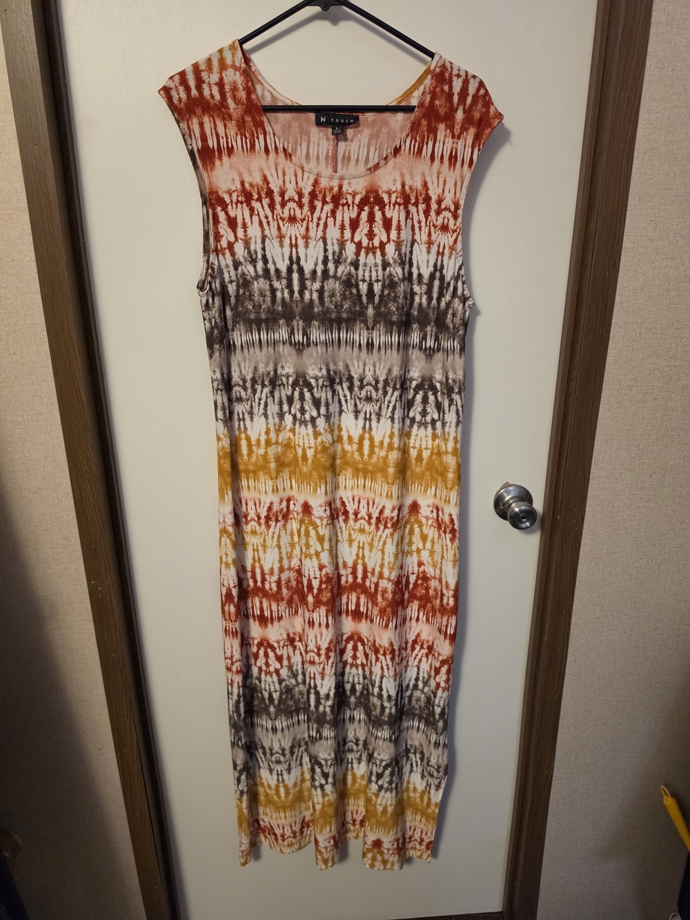 Sleeveless Tie-Dye Maxi Dress in Rust, Mustard & Charcoal by N. Y. Fashions